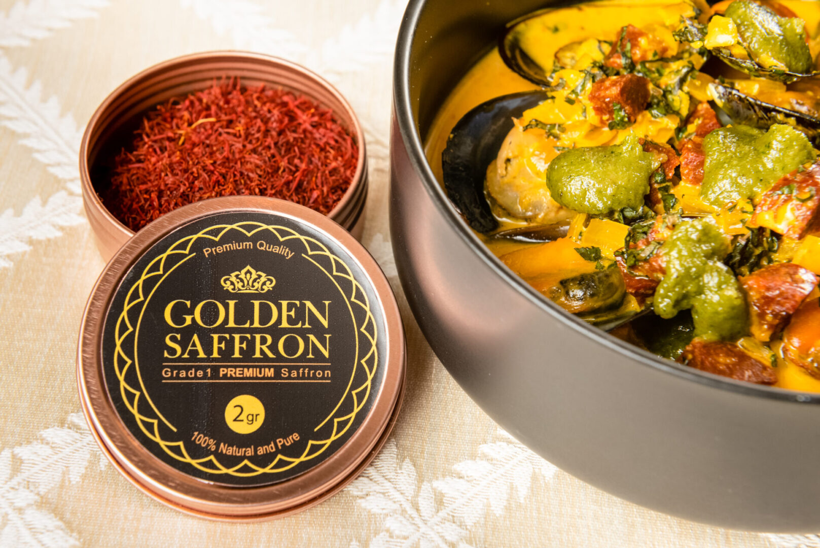 A premium golden saffron box is featured